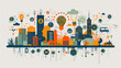 Abstract illustration of a smart city with interconnected technology symbols, buildings, transportation, and data flow graphics in a modern design,Ai And IoT