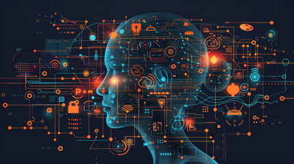 Wall Mural - Illustration of a human head silhouette with a network of technology and interface icons representing artificial intelligence and data concepts,Ai And IoT
