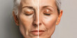 color photo of a side-by-side comparison showcasing the remarkable improvement in a old and young  woman's skin closed eyes.