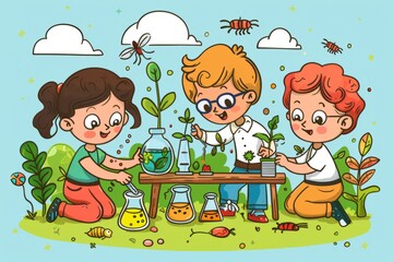 Cartoon cute doodles of students conducting a biology experiment outdoors, examining plants and insects in the school garden, Generative AI