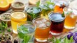A range of herbal teas and juices being served showcasing alternative options for nonalcoholic beverages.