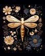 A golden dragonfly with outspread wings, surrounded by a variety of flowers in full bloom against a black background.