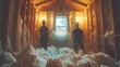 two people working on an exterior wall, surrounded by foam in the interior of a house. construction process and branding, skilled carpenters in progress inside an attic.