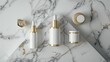 Luxury Skincare Packaging Mockup Image of elegant skincare bottles neatly arranged on a marble surface