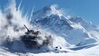 A dramatic scene of an Military tank M1 Abrams engaging in a firefight on a snowy mountain ridge Explosions erupt amidst the snowdrifts