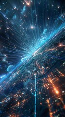 Poster - A global map with pulsating beams of light representing major data arteries, converging on cloud hubs