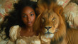 Closeup of a stunning African American lady next to a beautiful adult male lion