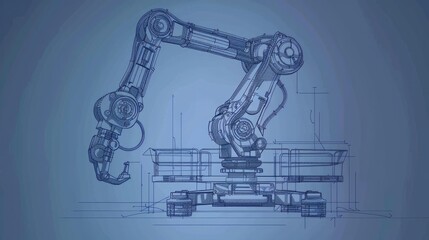 A vector image rendered in a sketch style portrays an industrial robot manipulator against a blue background, emphasizing its role in modern automation.