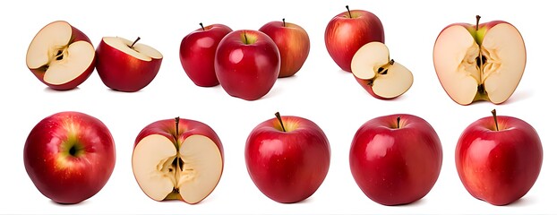 Wall Mural -  Red apples, many angles and view side top sliced halved cut isolated on white background cutout.