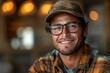Portrait of a smiling young man wearing cap and glasses in a cafe