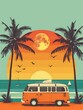 Flat illustration, fun travel concept. Vintage car driving on a tropical-themed beach. Surrounding it are silhouettes of palm trees. The background features a huge sunset.





