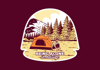 Wall Mural - camping alone in nature. vintage outdoor illustration badge design