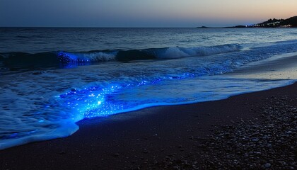 bioluminescent plankton on a dark beach