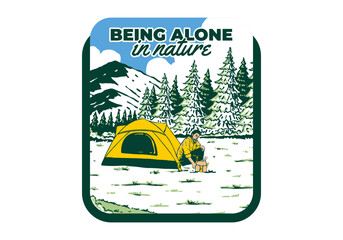 Wall Mural - camping alone in nature. vintage outdoor illustration badge design