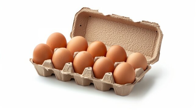 an open egg box containing ten brown eggs is isolated on a white background, emphasizing fresh organ