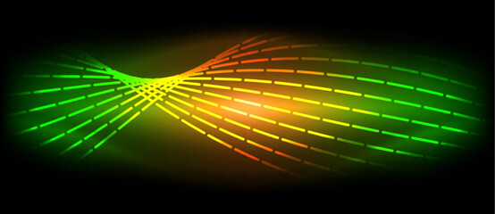 Poster - Colorfulness and art blend in a striking visual effect with a green, yellow, and orange wave on a black background. The neon hues resemble electric blue gas, creating an amber pattern