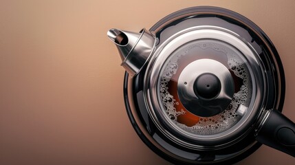 Canvas Print - Teapot with cup of coffee on brown background. Top view