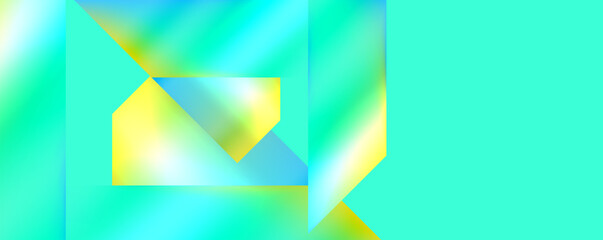 Aufkleber - Vibrant green and yellow abstract background featuring a geometric pattern of triangles and rectangles, with pops of electric blue. Symmetrical art with a colorful palette