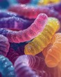 A closeup of sour gummy worms, with a focus on the sugary, crystalline texture and bright, contrasting colors that invite a taste test