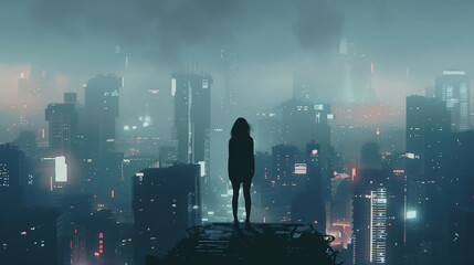 Wall Mural - silhouette of a person in a dystopic city