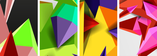 Poster - A creative arts piece featuring a collage of four different colored triangles on a white background. The pattern resembles an automotive wheel system made from origami and construction paper