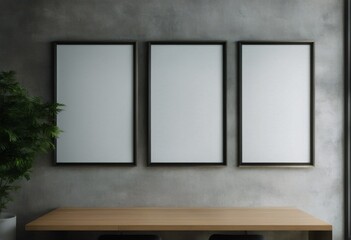 Mockup hanging rendering office Mock concrete interior wall vertical 3D frames modern Three billboards