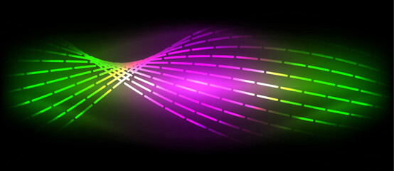 Poster - A vibrant mix of colors purple, green, and yellow create a glowing wave against a black background, reminiscent of a neon light show