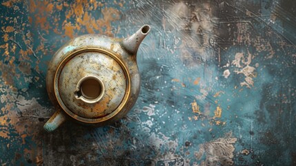 Sticker - Vintage teapot on grunge background. Top view.