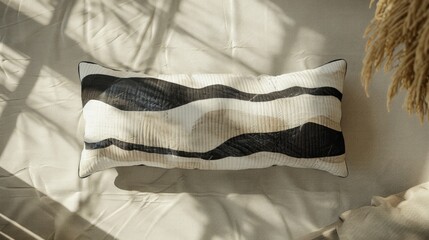 Wall Mural - White pillow with black stripes on the bed in the morning sunlight.