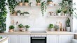simple, modern white kitchen backsplash with green house plants