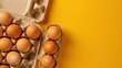Overhead view of brown chicken eggs in an open egg carton isolated on yellow. Fresh chicken eggs background. Top view with copy space. Natural healthy food and organic farming concept. Eggs in box