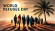 Realistic photo poster design for World Refugee Day with Muslim people walking to seek house. Ai Generated Image.