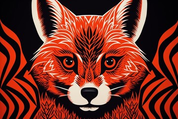 A red fox in a black background with red and orange stripes on the side. The fox is in a cartoon style with a flat color and a few details.