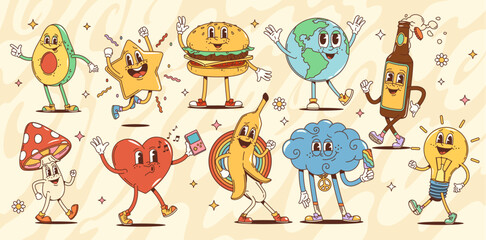 Aufkleber - Cartoon groovy characters, mushroom and avocado, star and burger, globe and beer bottle, heart and banana, cloud and light bulb. Vector funky psychedelic personages in retro cartoon hippie 60s or 70s