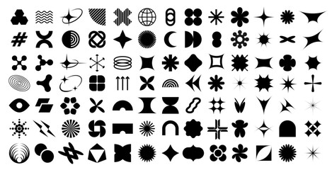 Aufkleber - Brutalism geometric figures and futuristic Y2K abstract shapes, vector icons. Abstract and simple primitive shape elements of star, sun or triangle and cubes with wave and spiral for Brutalism pattern