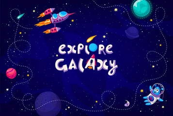 Poster - Cartoon galaxy space background with rocket path, stars and alien, vector poster. Outer space frame with rocket spaceship trail, planets and asteroids, comets and alien Martian spaceman in starry sky