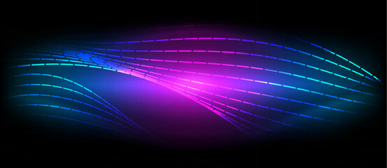Poster - A pulsating neon purple and electric blue wave dances on a black canvas, creating a mesmerizing visual effect reminiscent of gas clouds in space