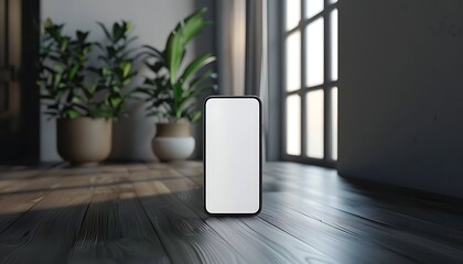 Poster - mock-up illustration of a handphone with a white screen in a modern room