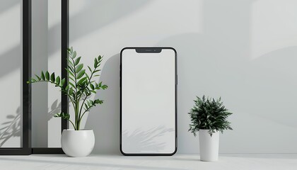 Poster - mock-up illustration of a handphone with a white screen in a modern room