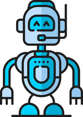 Poster - Retro droid, game humanoid robot, alien futuristic virtual bot thin line color icon. Robotic technology humanoid robot, future droid, helpdesk or call center virtual bot with microphone vector icon