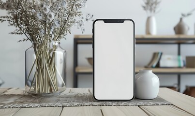 Poster - handphone mock-up placed on a table in a cozy room with a white screen background