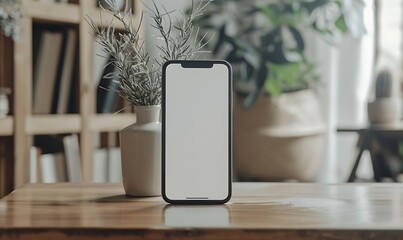 Poster - handphone mock-up placed on a table in a cozy room with a white screen background