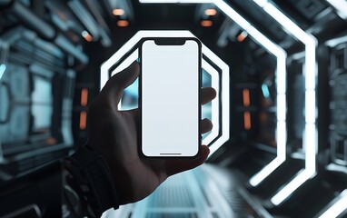 Poster - Concept a handphone mock-up set within a futuristic studio environment with a white screen