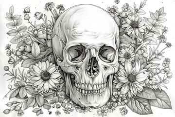 Wall Mural - A skull is surrounded by flowers and leaves