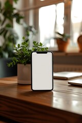 Poster - handphone mock-up displayed on a desk in a well-lit room, emphasizing the white screen