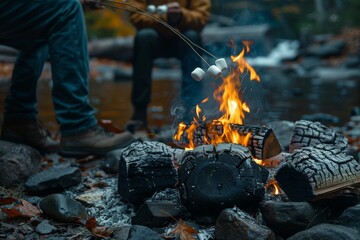 A warm and inviting moment of roasting marshmallows over a campfire.