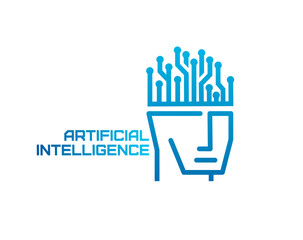 Poster - AI artificial intelligence icon of vector robot, human, cyborg or humanoid bot head with brain in shape of computer circuit board. Machine learning, data and future technologies symbol with AI robot