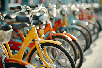 Rows of colorful bicycles parked along a city street