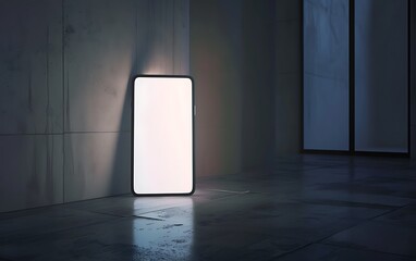 Poster - Design an illustration of a handphone mock-up illuminated by soft light in a studio setting with a white screen