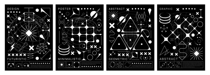 Aufkleber - Brutal Y2K posters with abstract geometric shapes, vector cover templates. Y2K poster backgrounds with retro or modern brutal geometric elements, minimalistic line figures and futuristic shapes